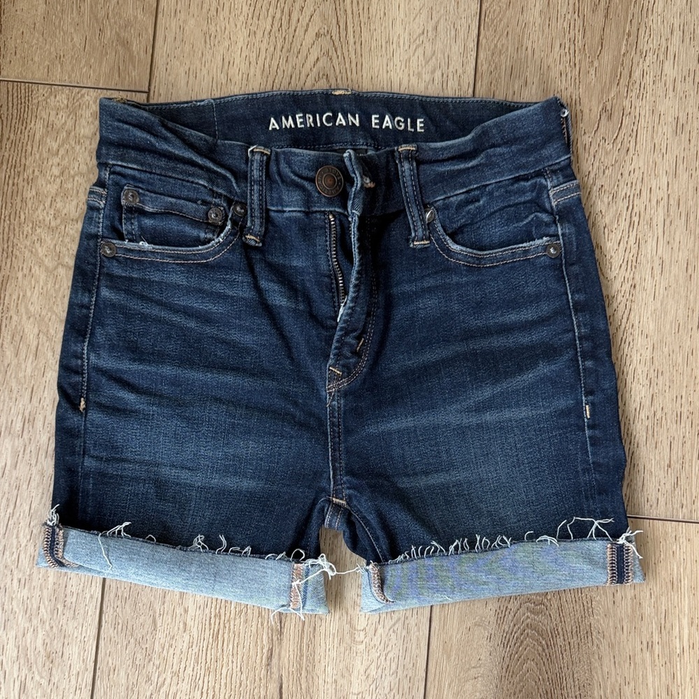 American Eagle Outfitters Dark Blue Rolled-Hem Denim Shorts